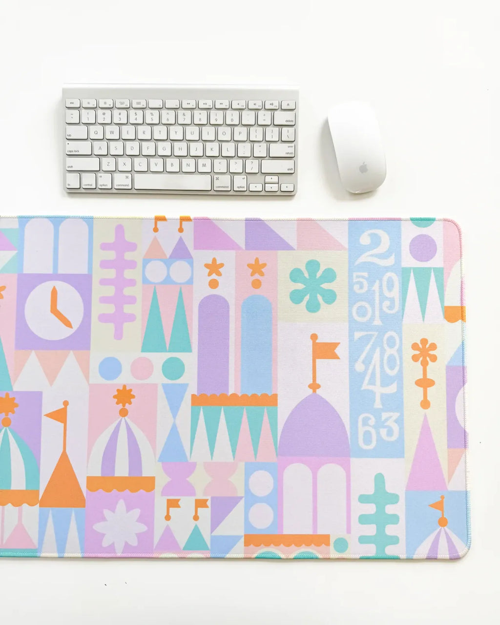Desk Mat in a Pastel Small World Theme with a Smooth Neoprene Surface and Non-Slip Rubber Backing