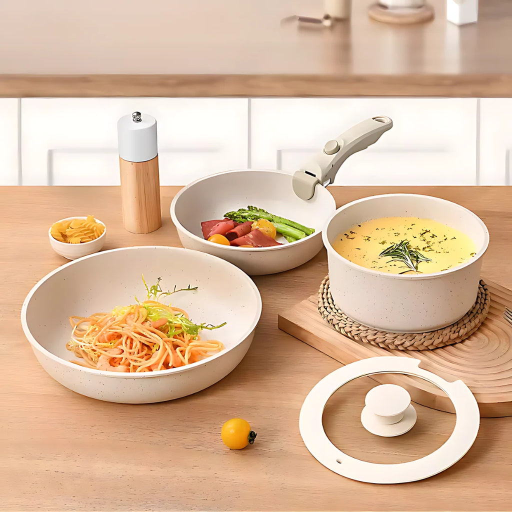 Detachable Handle Ceramic Cookware Set with Nonstick Pots and Pans for Compact Kitchen Storage — Cream