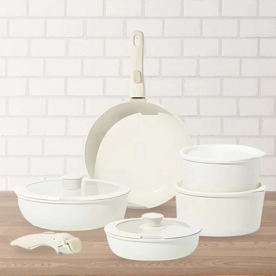 Detachable Handle Ceramic Cookware Set with Nonstick Pots and Pans for Compact Kitchen Storage