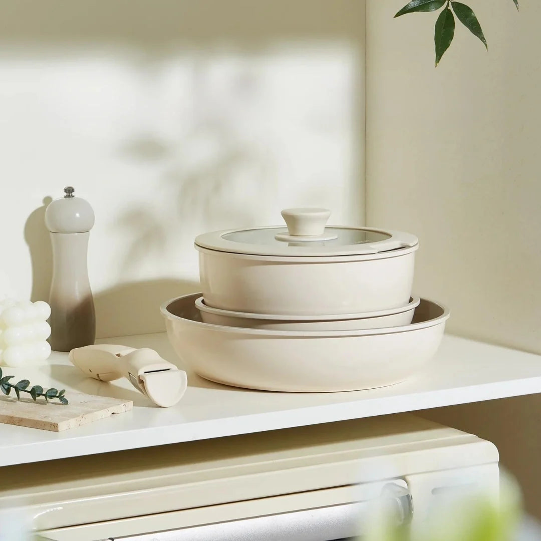 Detachable Handle Ceramic Cookware Set with Nonstick Pots and Pans for Compact Kitchen Storage