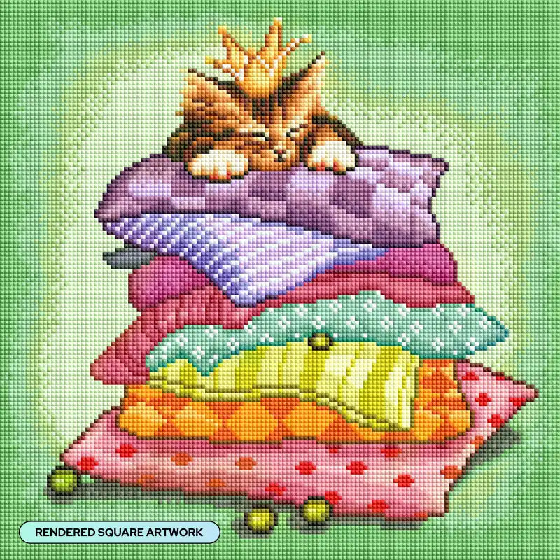 Diamond Painting Kit with 13 x 13 Inch Kitty Pillow Throne Design, Full Square Drill and 52 Colors