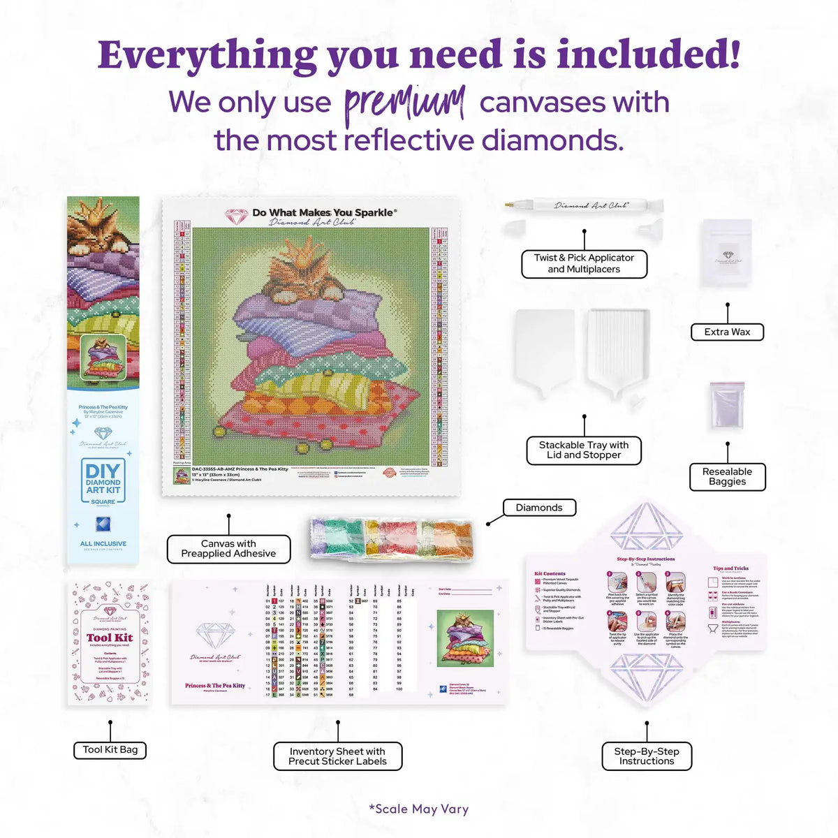 Diamond Painting Kit with 13 x 13 Inch Kitty Pillow Throne Design, Full Square Drill and 52 Colors