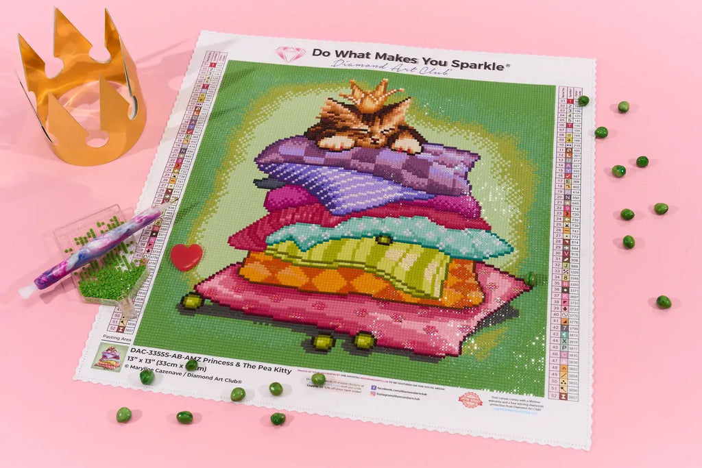 Diamond Painting Kit with 13 x 13 Inch Kitty Pillow Throne Design, Full Square Drill and 52 Colors