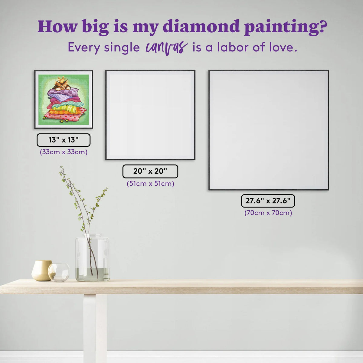 Diamond Painting Kit with 13 x 13 Inch Kitty Pillow Throne Design, Full Square Drill and 52 Colors