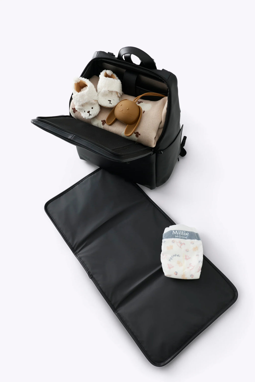 Diaper Backpack in Black Vegan Leather with a Magnetic Wipes Pocket and Removable Stroller Straps
