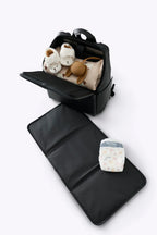 Diaper Backpack in Black Vegan Leather with a Magnetic Wipes Pocket and Removable Stroller Straps