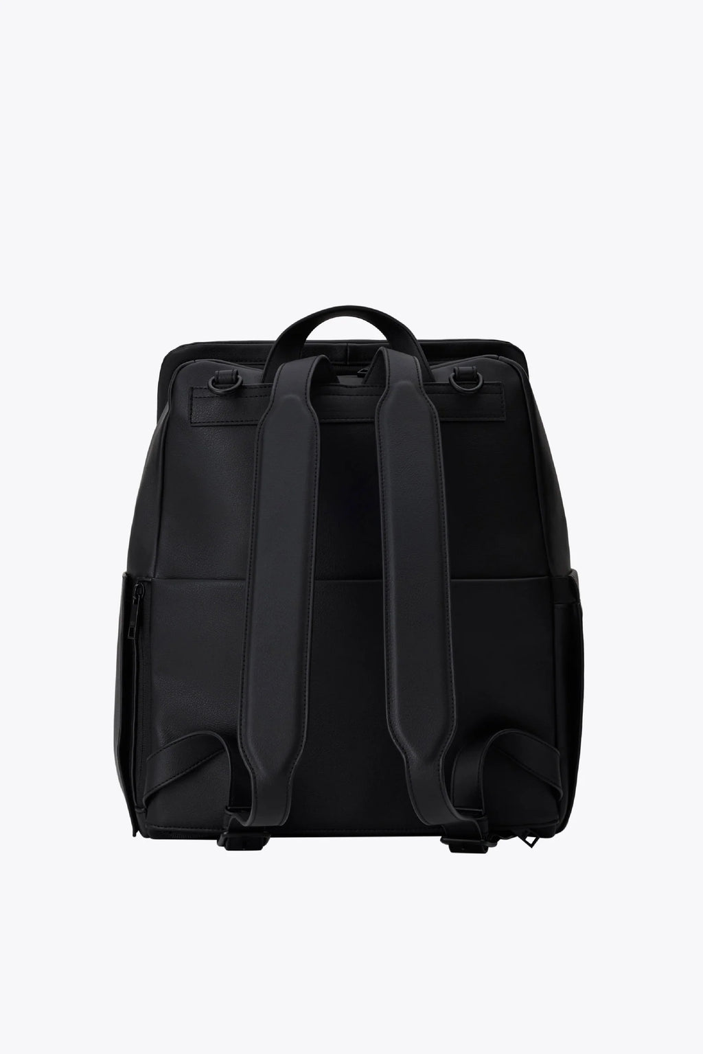 Diaper Backpack in Black Vegan Leather with a Magnetic Wipes Pocket and Removable Stroller Straps