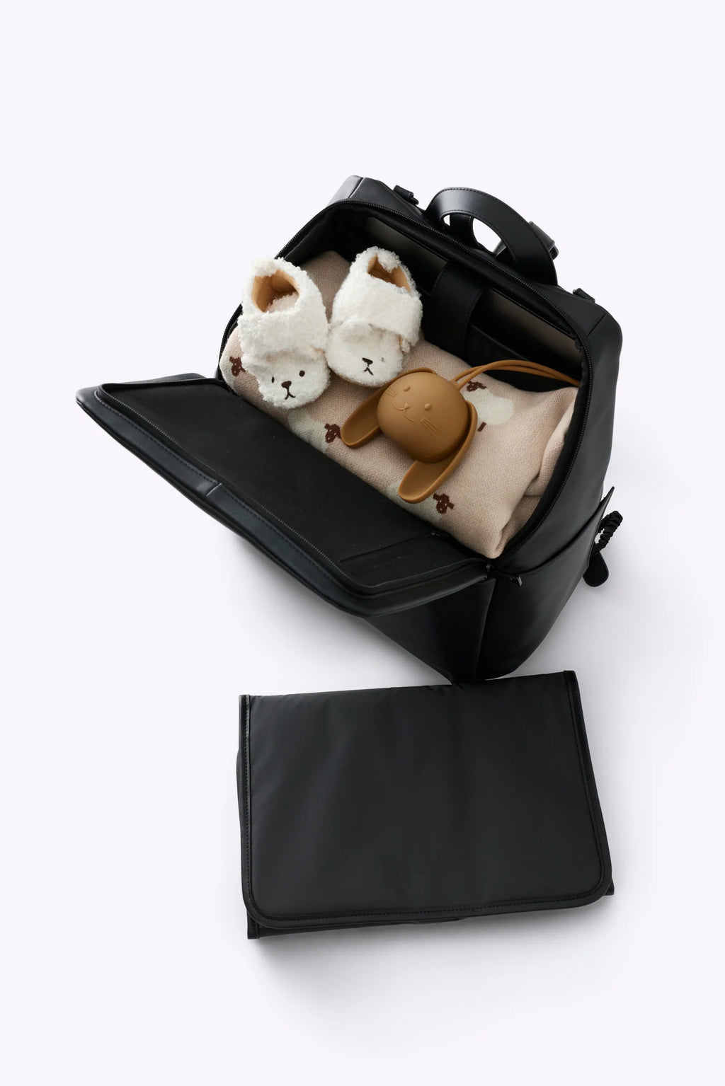 Diaper Backpack in Black Vegan Leather with a Magnetic Wipes Pocket and Removable Stroller Straps