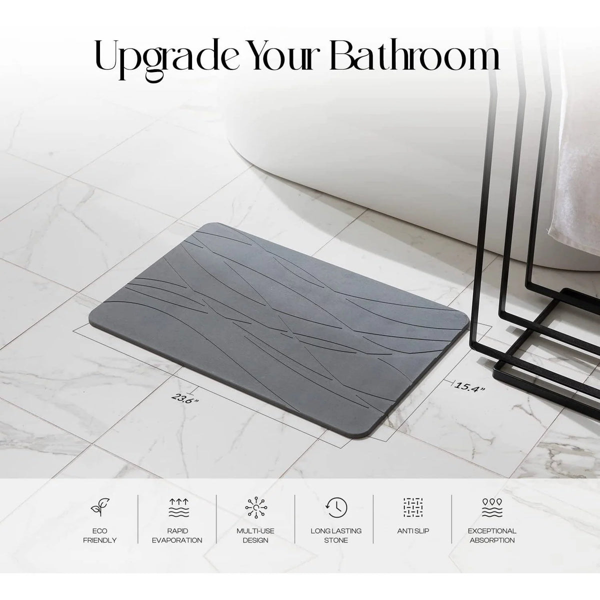 Diatomaceous Earth Stone Bath Mat in Graphite Grey for Quick Drying After Showers and Everyday Baths