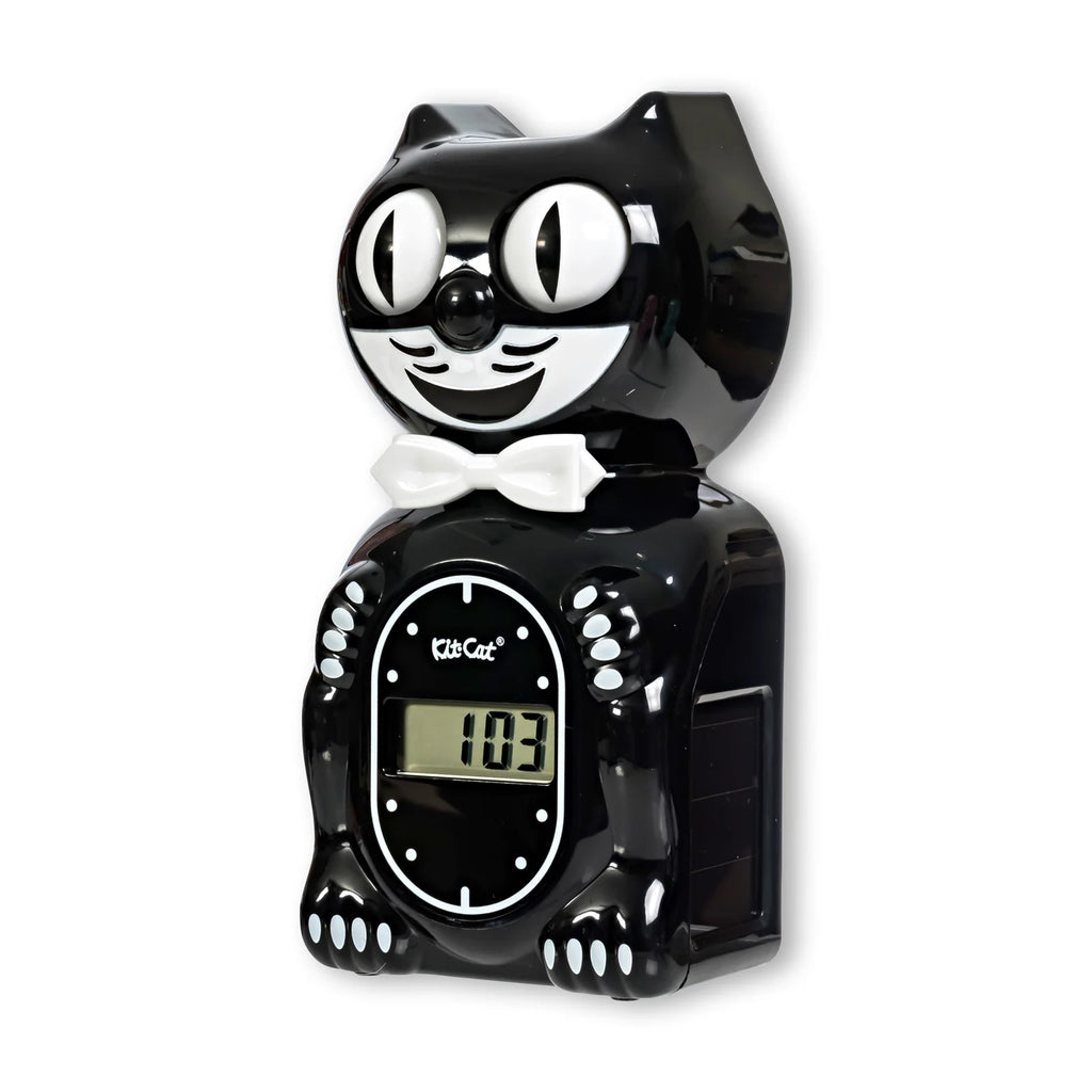 Digital Cat Alarm Clock in Black with Sun-Activated Rolling Eyes for a Windowsill, Desk or Shelf