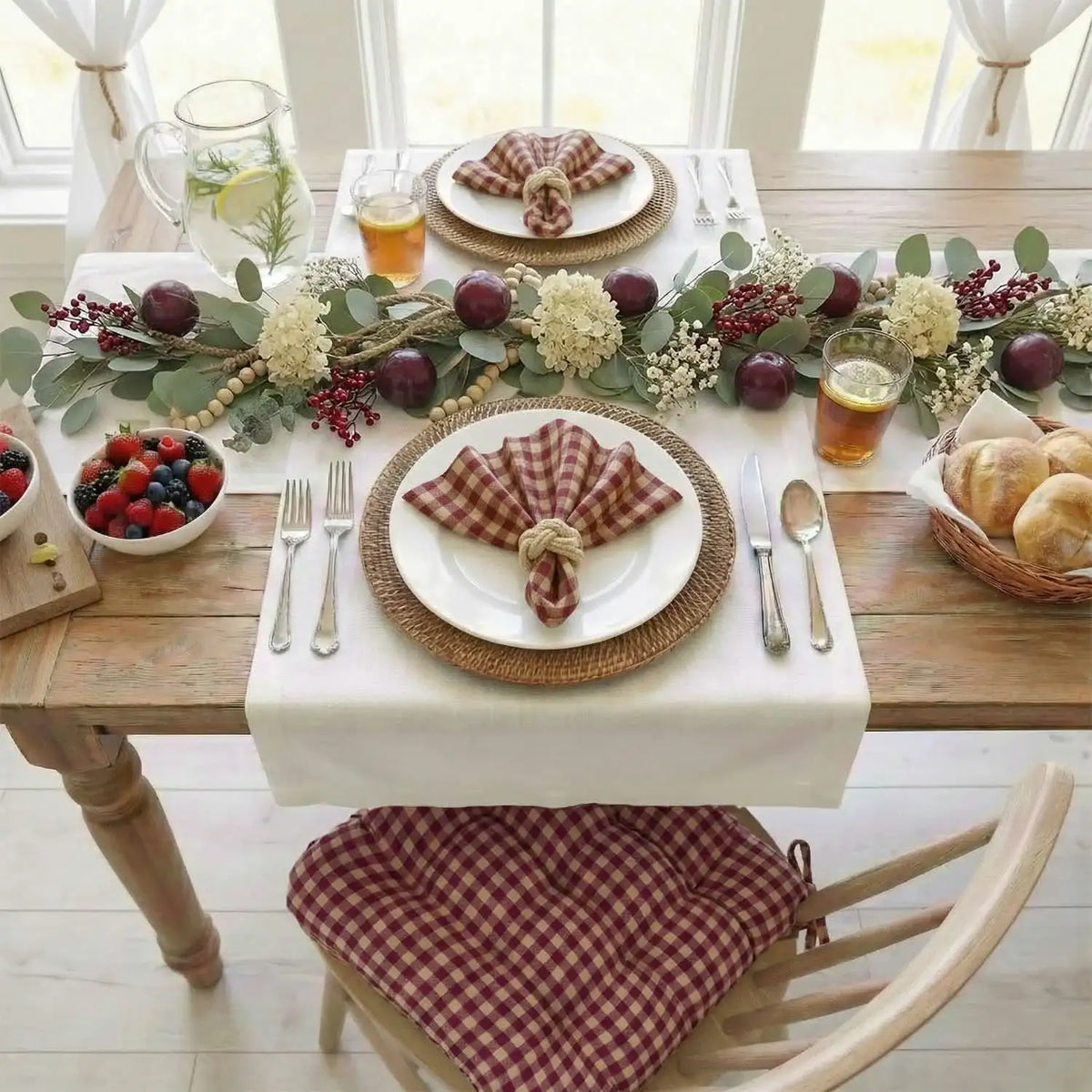 Dining Chair Pads in Dark Red and Tan Farmhouse Check