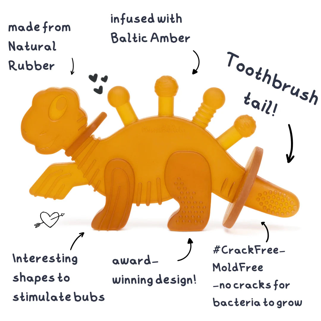 Dinosaur Baby Teether in Baltic Amber and Natural Rubber with a Toothbrush Tail for Early Dental Care