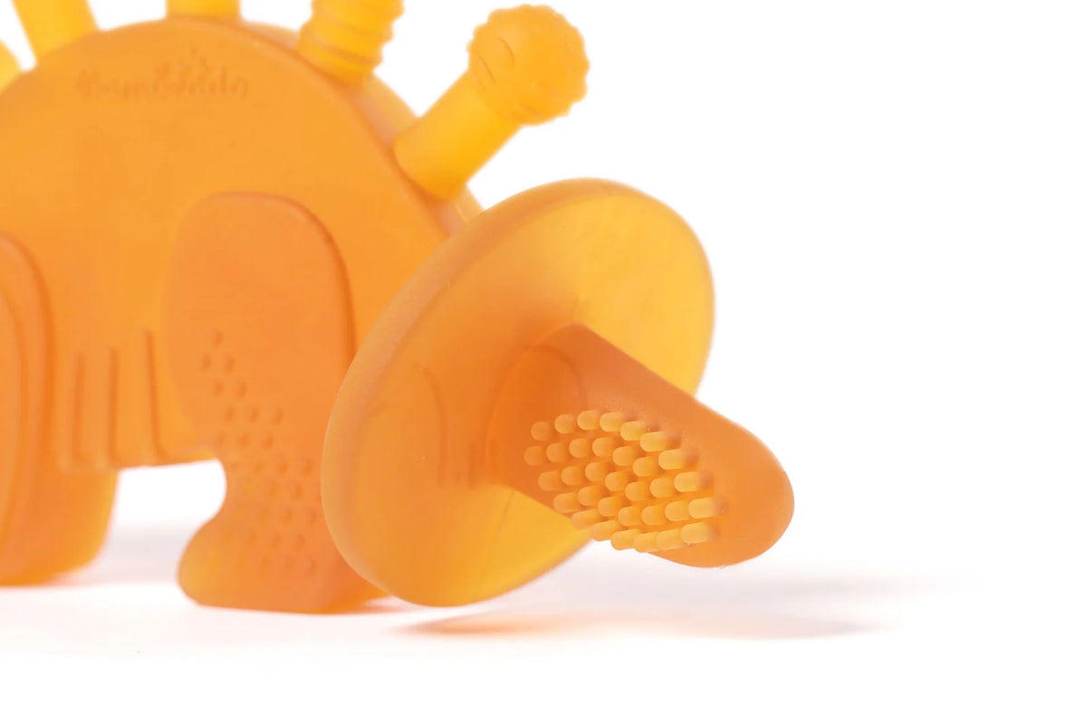 Dinosaur Baby Teether in Baltic Amber and Natural Rubber with a Toothbrush Tail for Early Dental Care