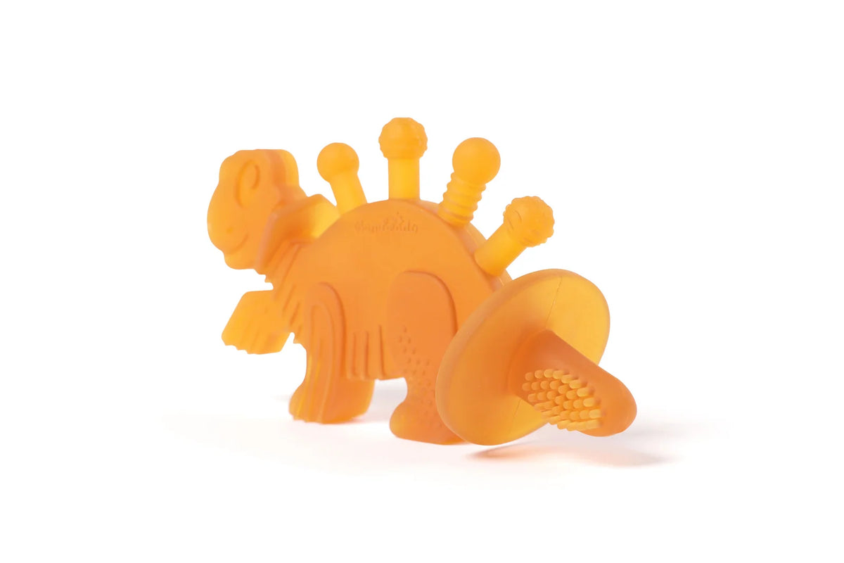 Dinosaur Baby Teether in Baltic Amber and Natural Rubber with a Toothbrush Tail for Early Dental Care