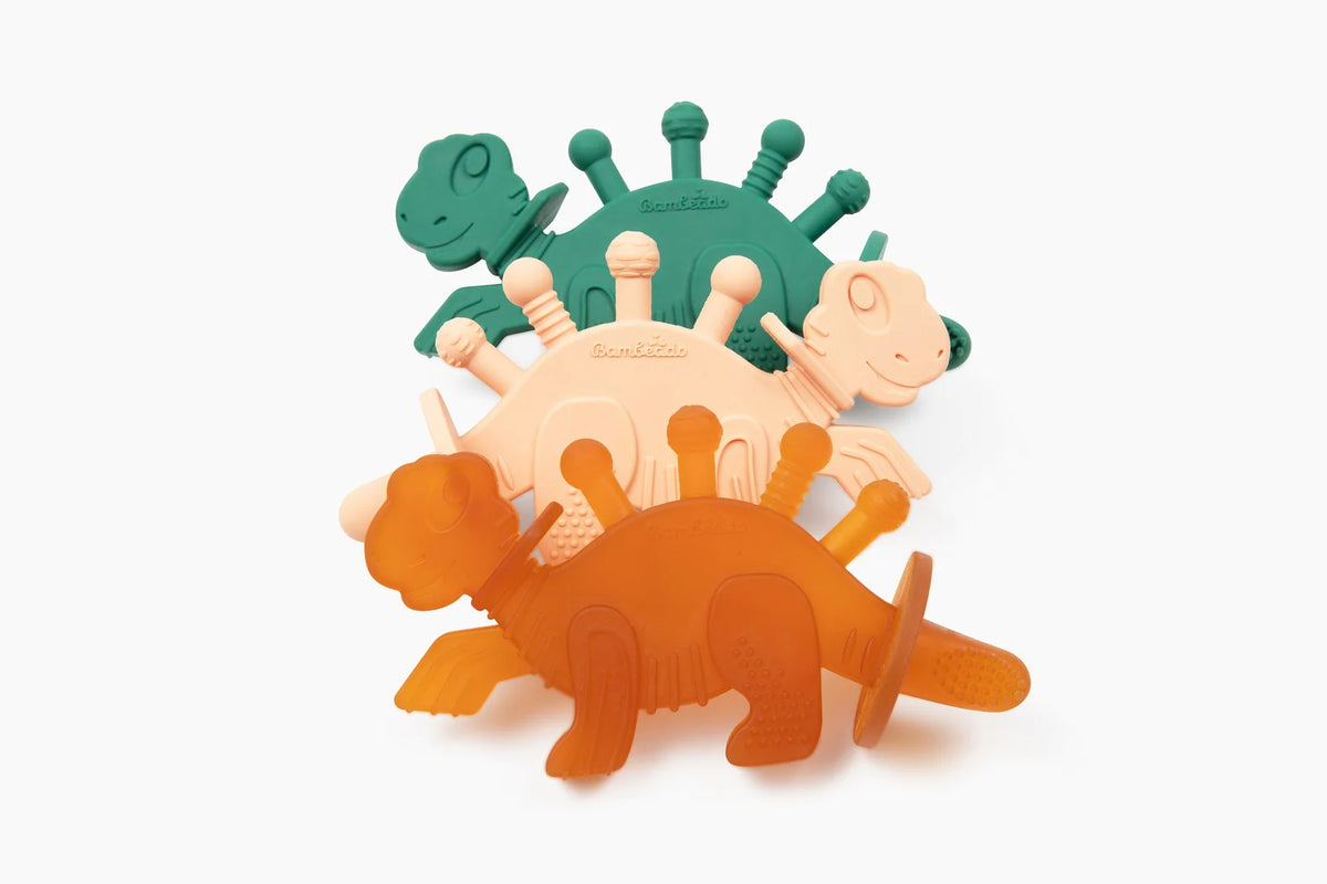 Dinosaur Baby Teether in Baltic Amber and Natural Rubber with a Toothbrush Tail for Early Dental Care