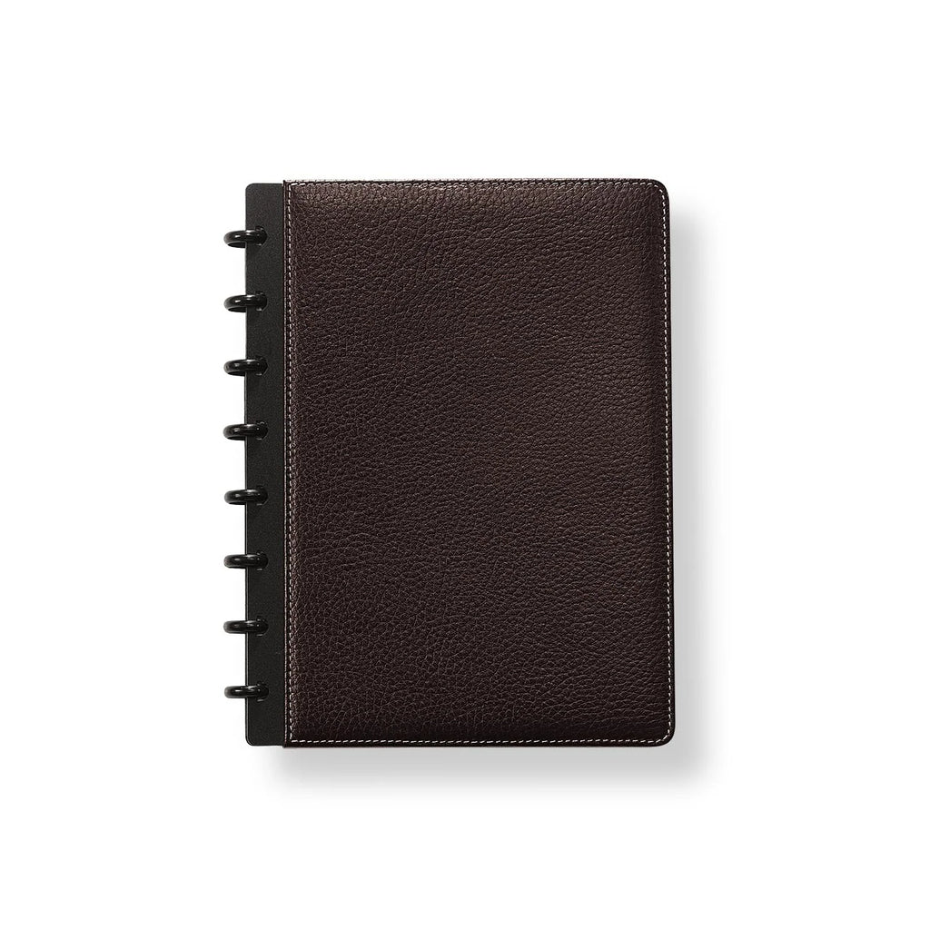 Discbound Leather Notebook with Fold-Back Cover, Card Pockets, Pen Loop and Junior to Letter Sizes — Mocha / Junior