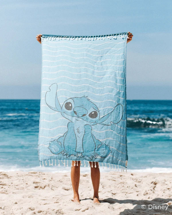 Disney Stitch Waves Beach Towel, Dusty Blue Turkish Organic Cotton Jacquard Weave with Tassel Trim