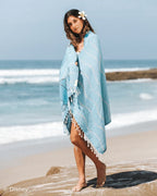 Disney Stitch Waves Beach Towel, Dusty Blue Turkish Organic Cotton Jacquard Weave with Tassel Trim
