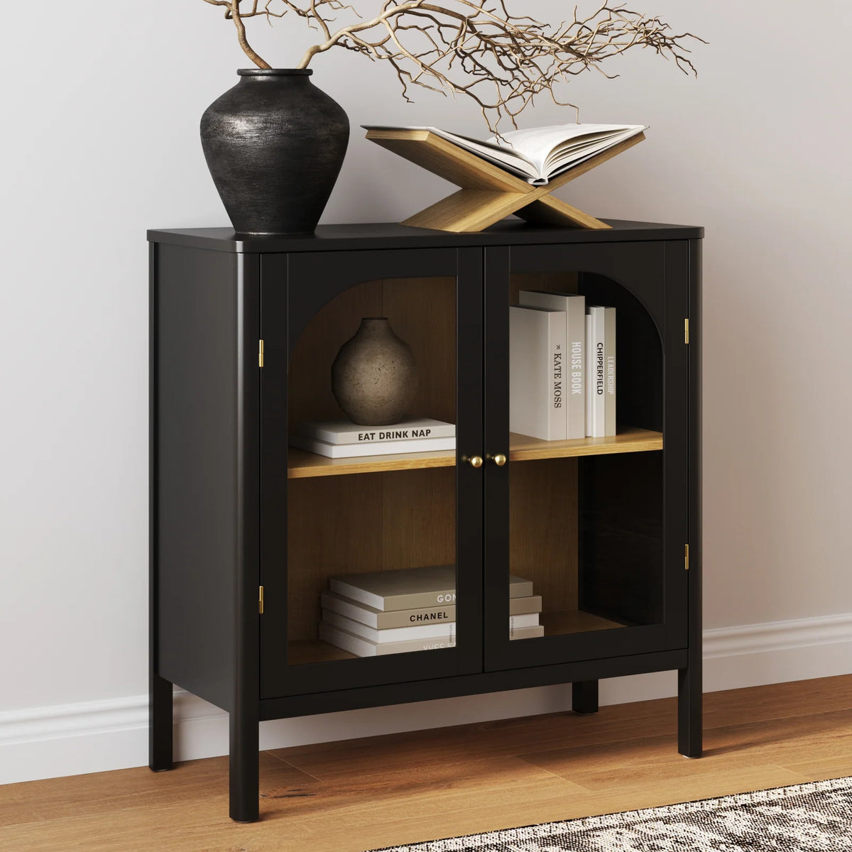 Display Cabinet, Matte Black-Light Oak