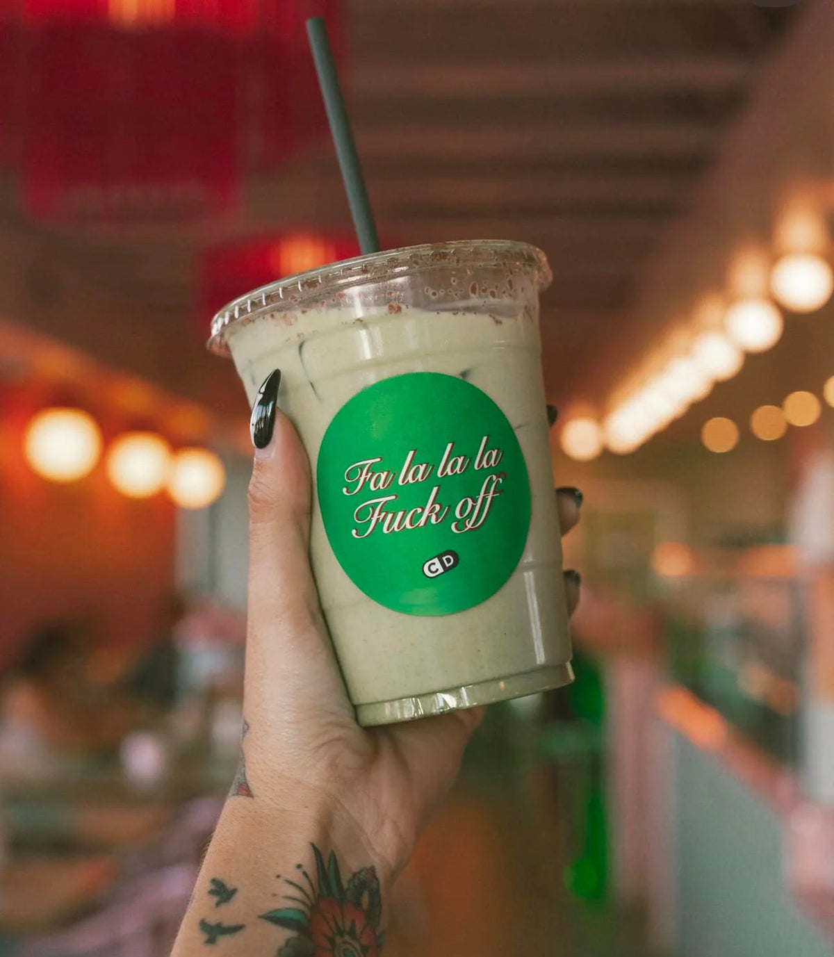 Disposable Cups with Lids, 12-Piece Party Pack, Printed Conversation Designs for Iced Coffee and Cold Dri — Fa La La F*ck Off