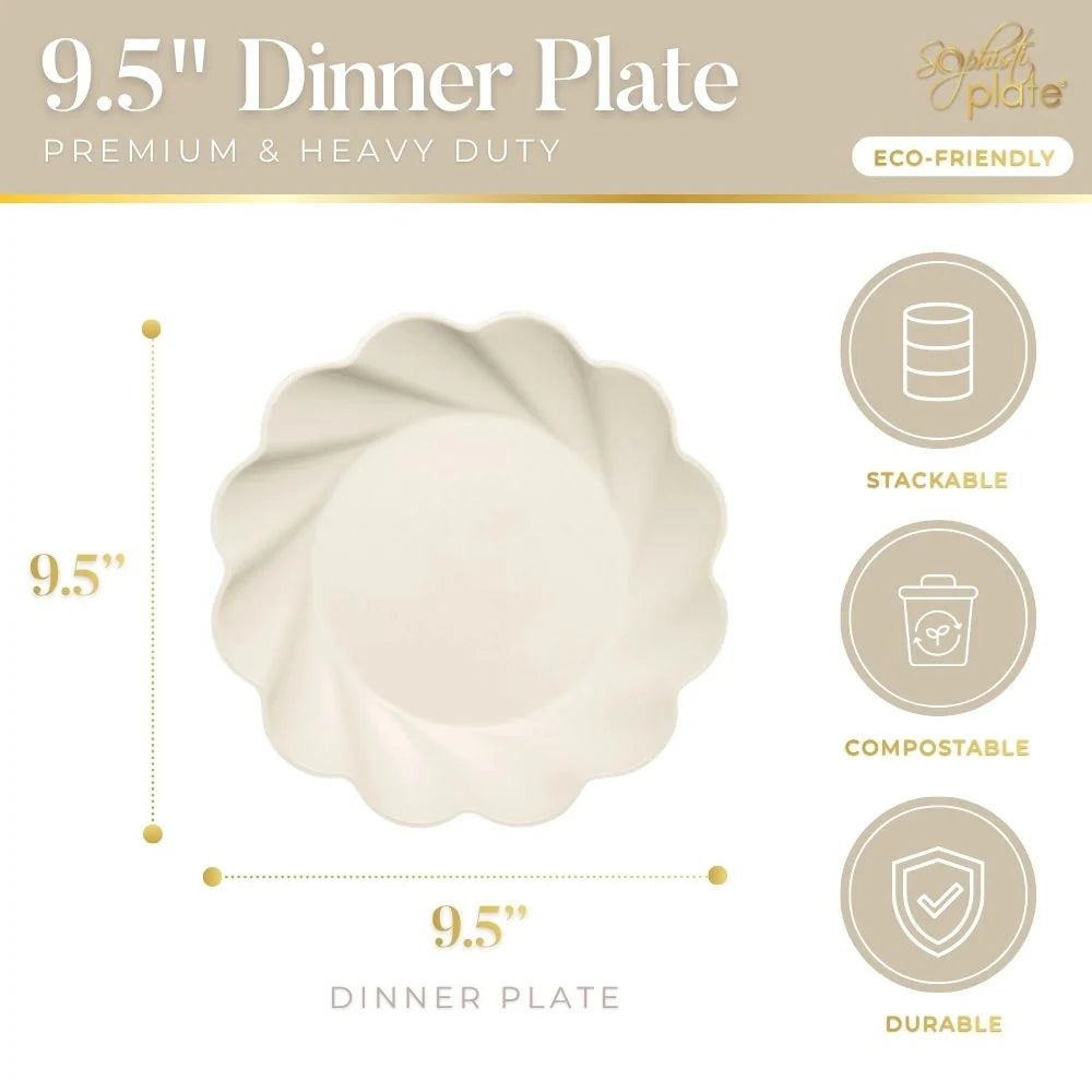 Disposable Dinner Plates in Cream, 8-Pack of 9.5-Inch Wavy Bamboo Fiber Blend Plates for Party Tables