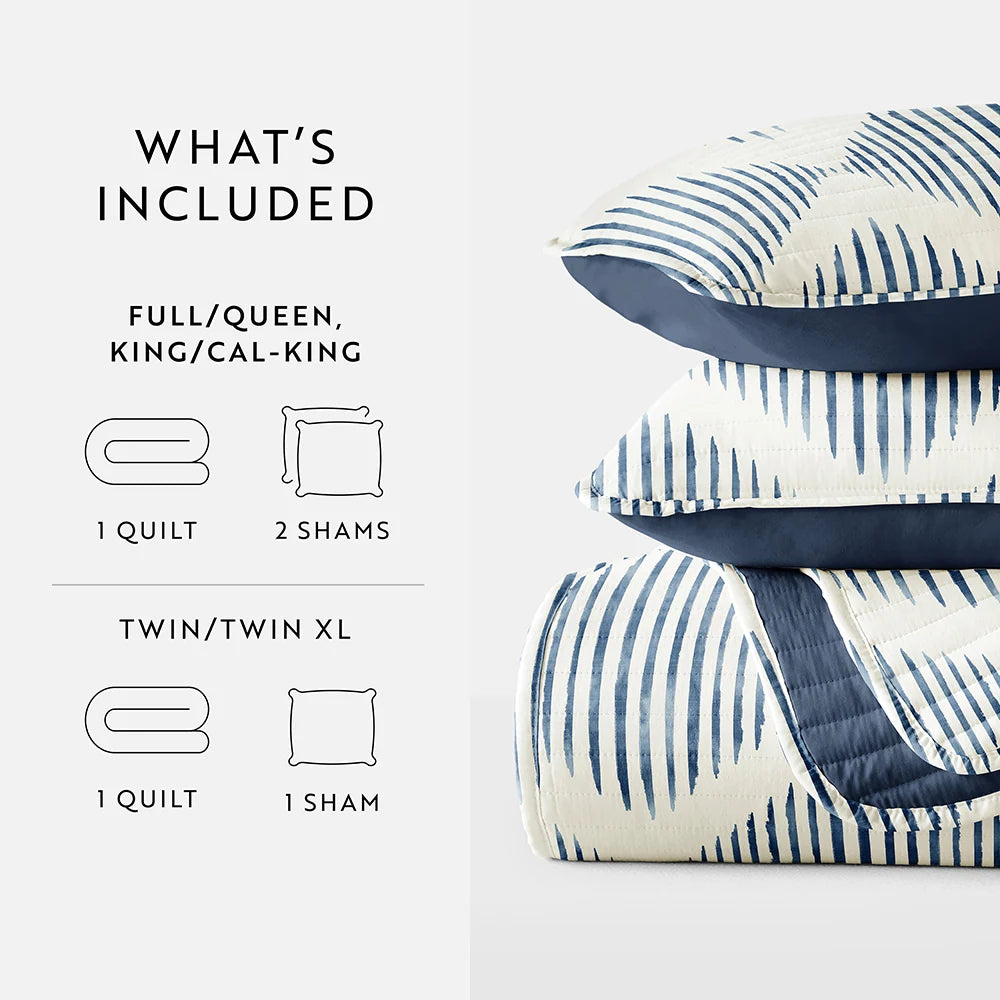 Distressed Diamond Reversible Quilted Coverlet Set in Navy