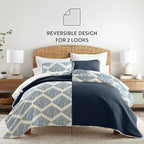 Distressed Diamond Reversible Quilted Coverlet Set in Navy