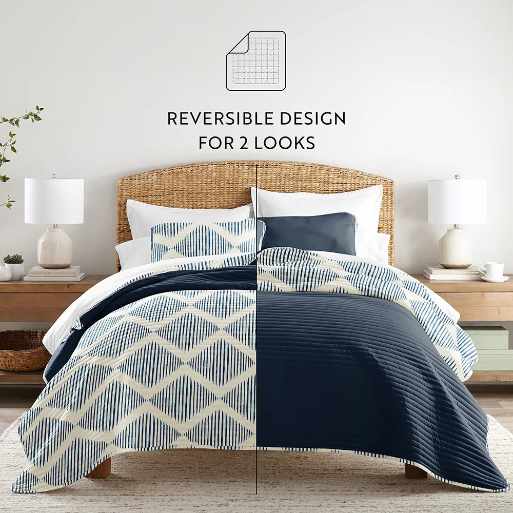 Distressed Diamond Reversible Quilted Coverlet Set in Navy