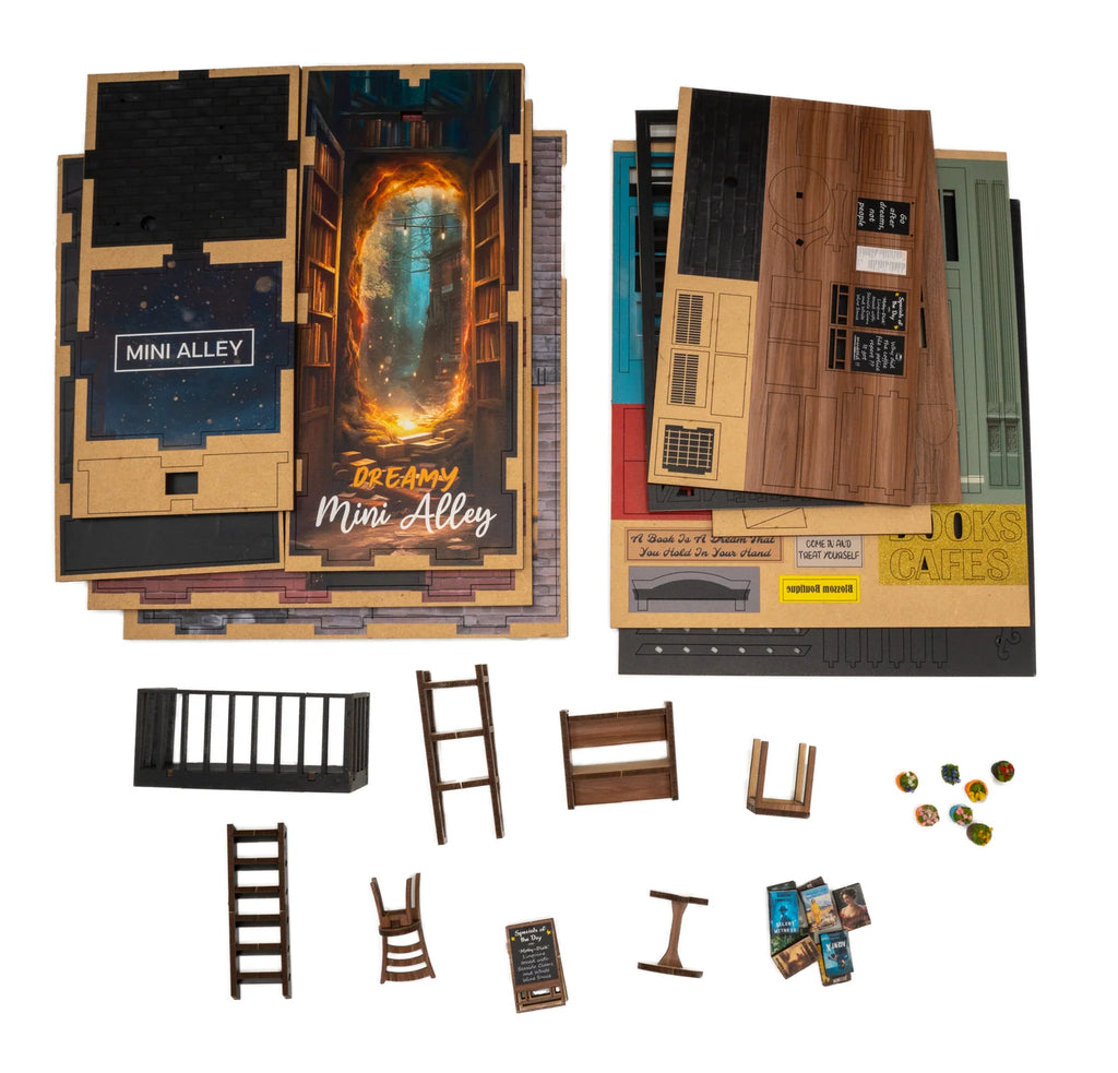 DIY Book Nook Kit with Warm LED Lights, Miniature Alley Scene and Prebuilt Display · DIY Kit
