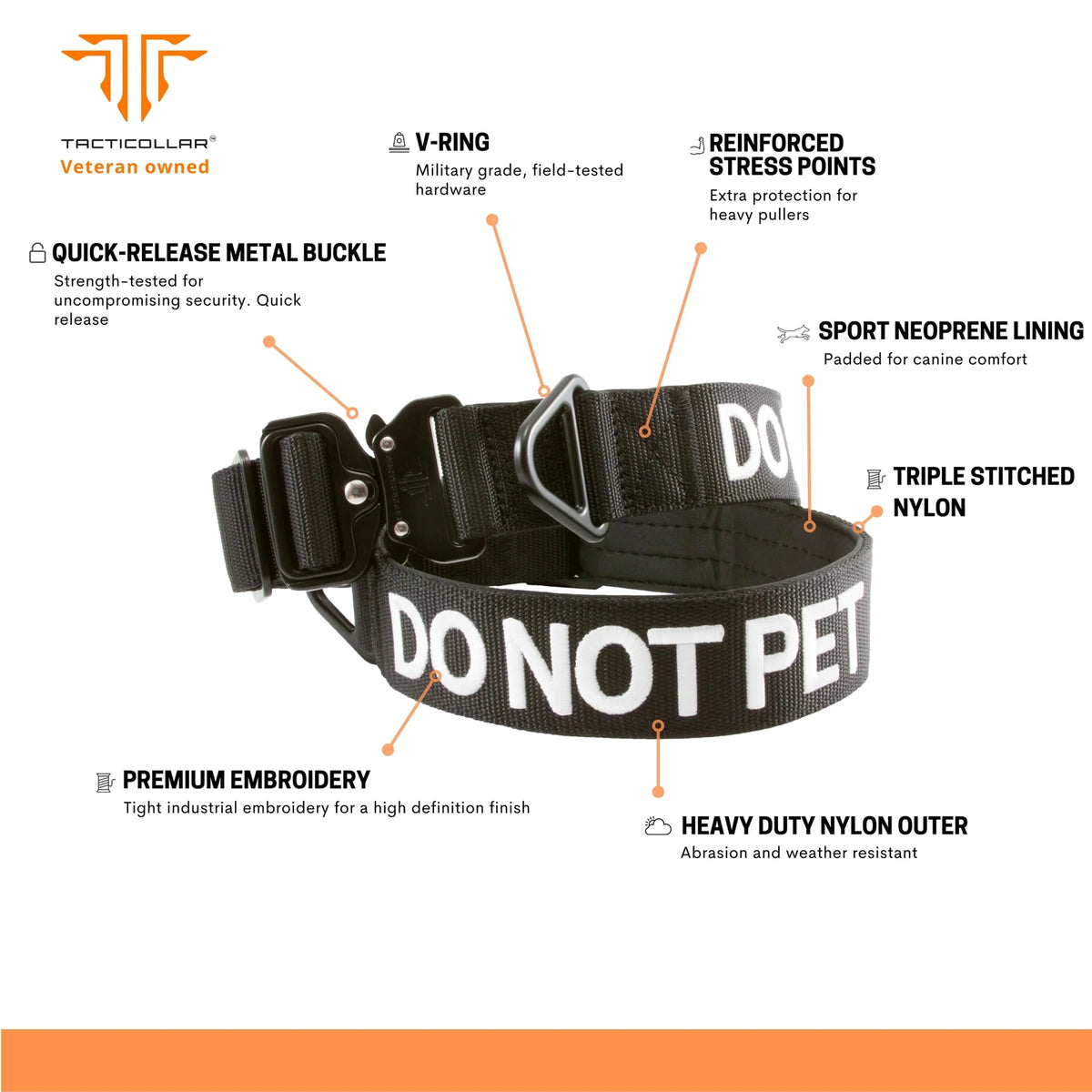 DO NOT PET Dog Collar with Bright Embroidered Safety Message, Neoprene Padding, Metal Buckle and Multiple Sizes