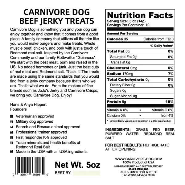Dog Beef Jerky Treats, 5 oz Chewy Strips with Two Ingredients and Grass-Fed Beef · dog jerky