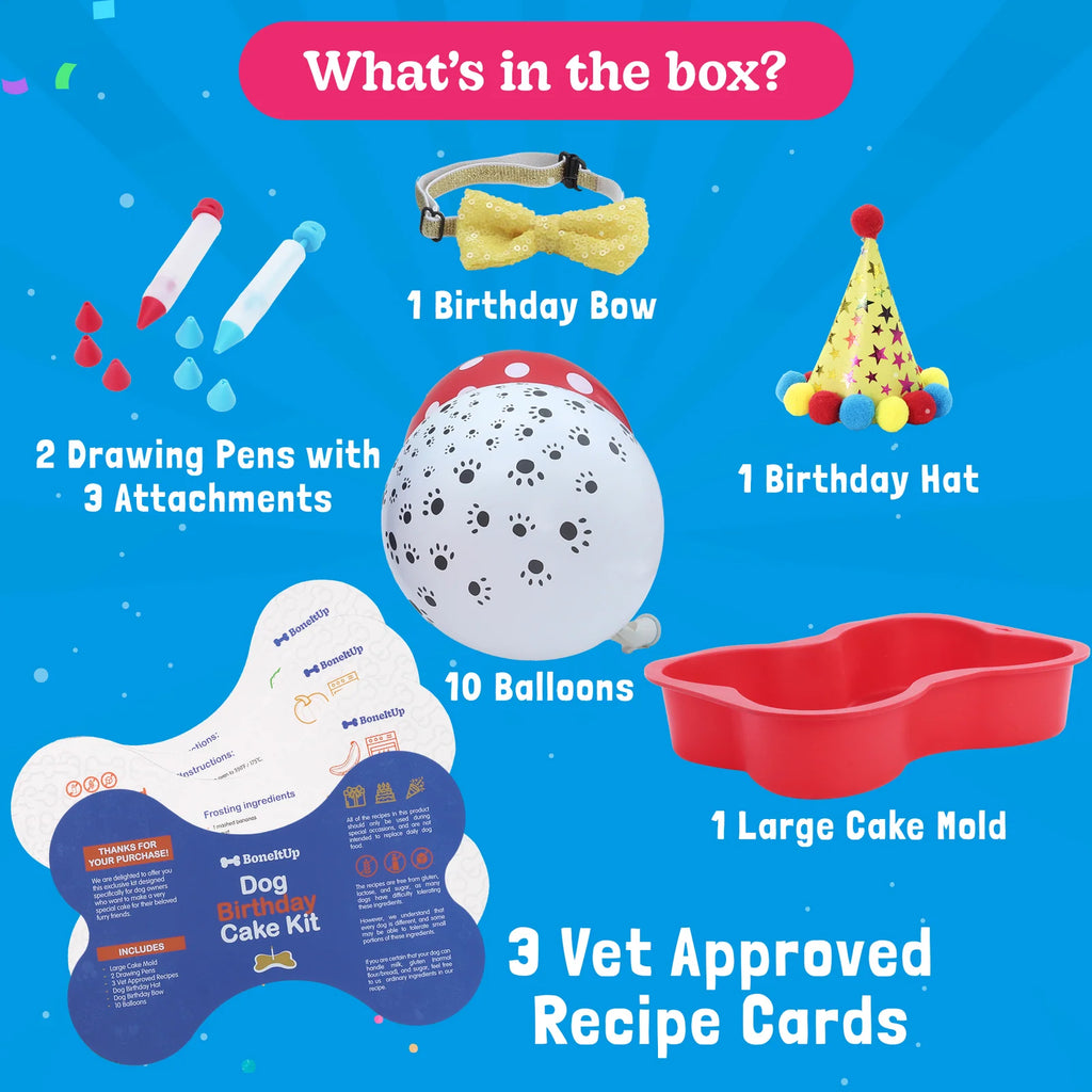 Dog Birthday Cake Kit with Cake Mold, Vet-Backed Recipes, Drawing Pens and Party Accessories