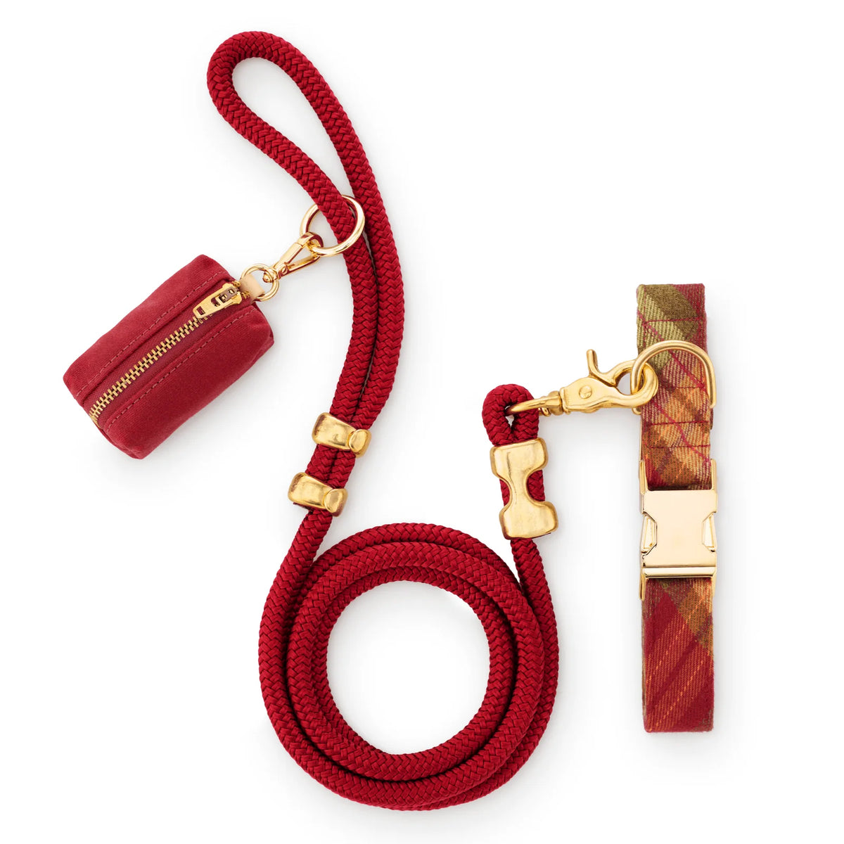 Dog Collar and Leash Set with Orchard Plaid Flannel Collar, Wine Rope Leash and Waste Bag Holder