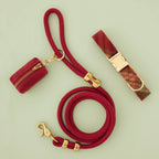 Dog Collar and Leash Set with Orchard Plaid Flannel Collar, Wine Rope Leash and Waste Bag Holder