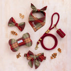 Dog Collar and Leash Set with Orchard Plaid Flannel Collar, Wine Rope Leash and Waste Bag Holder