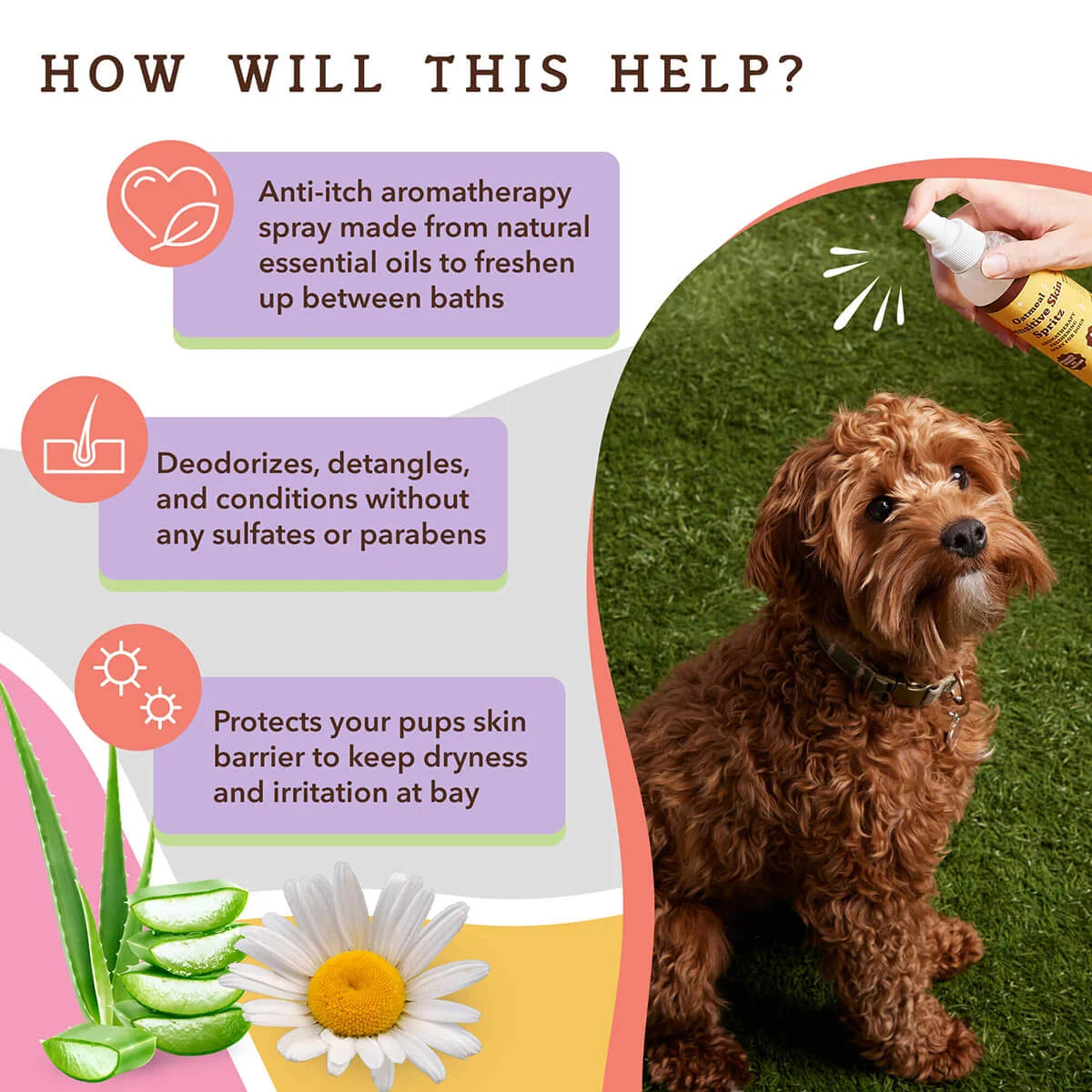Dog Deodorizing Spray for Sensitive Skin with Gentle Aromatherapy, Detangling and Conditioning Care Between Baths