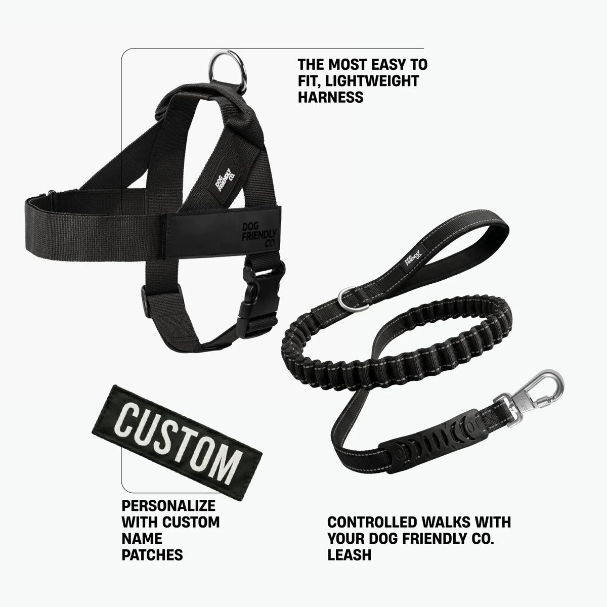 Dog Harness and Leash Set with Adjustable Fit, 120cm Leash, Custom Name Patches and Three Leash Styles