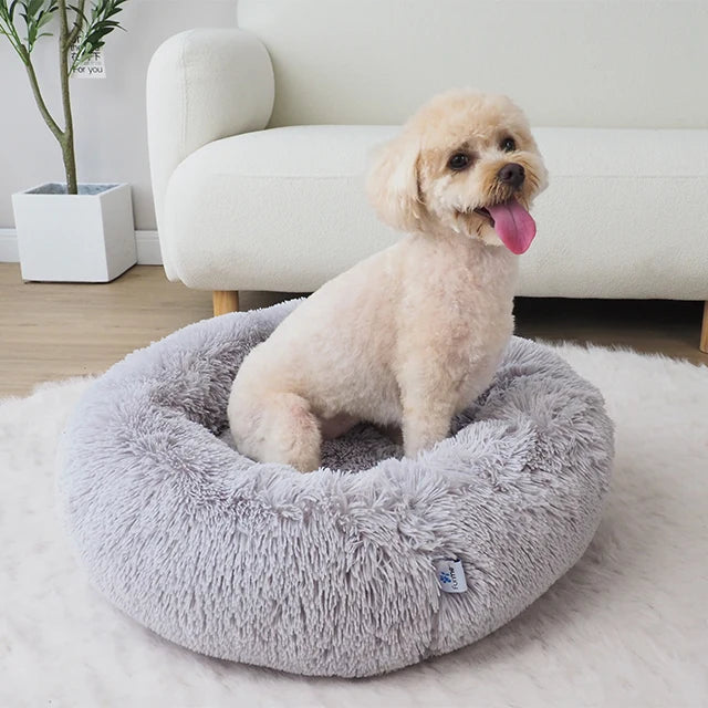 Donut Dog Bed with High-Pile Shag Fabric, Overstuffed Bolsters and Washable Frosted Gray Cover