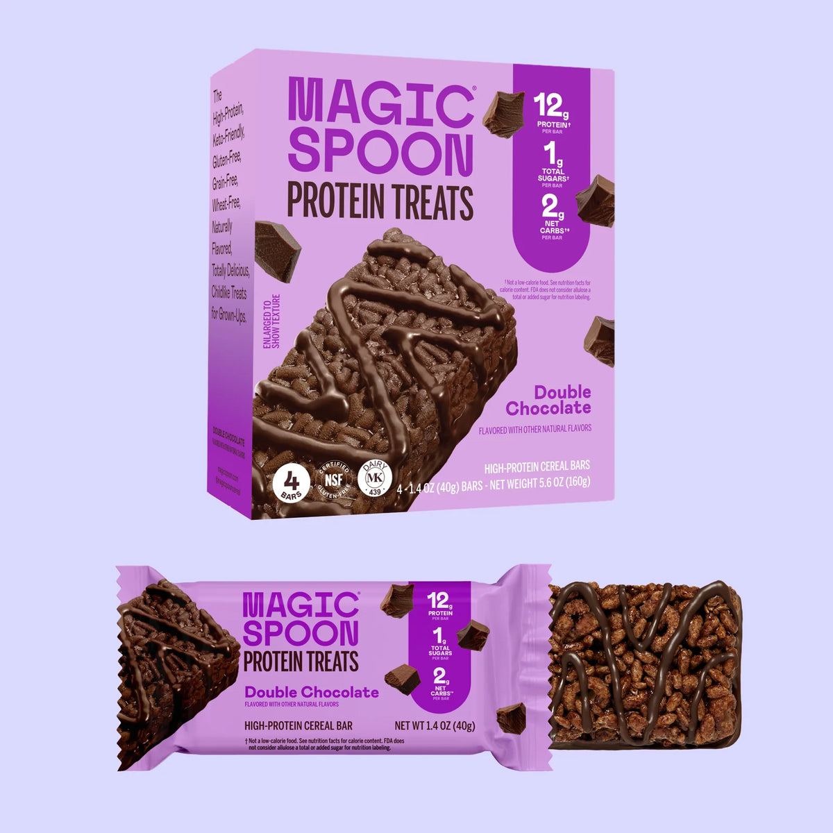 Double Chocolate Cereal Treats with 12g Protein and 1g Sugar per Serving, 4-Box Snack Pack