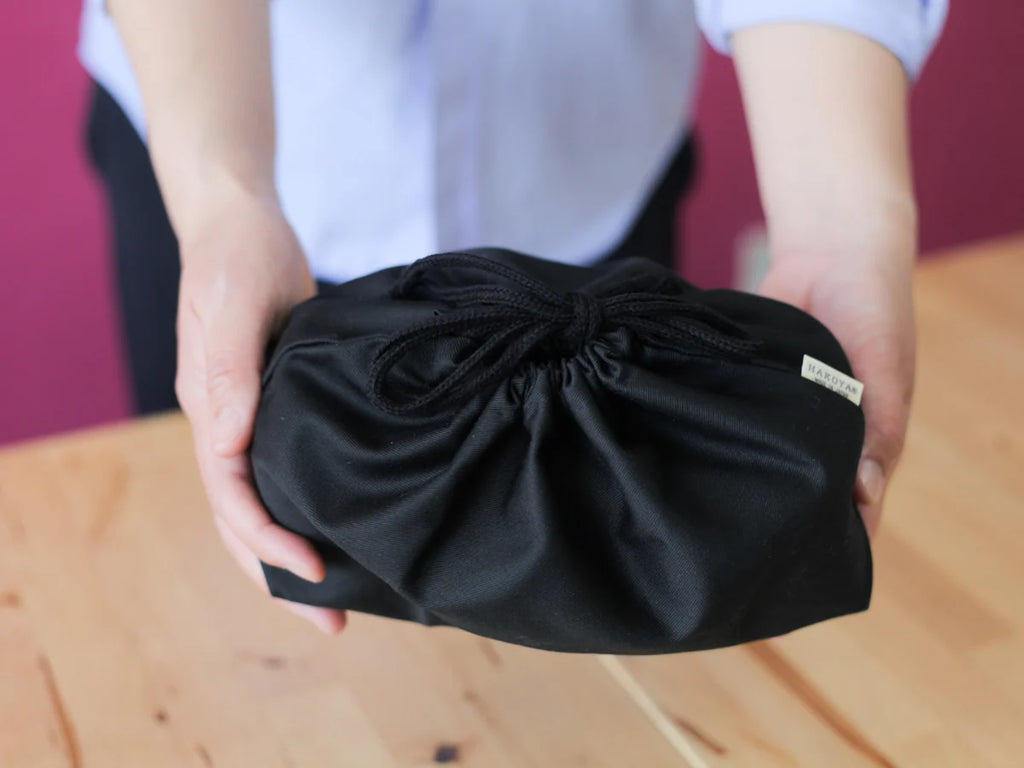 Drawstring Bento Lunch Bag in Black, Made from 100% Cotton in
