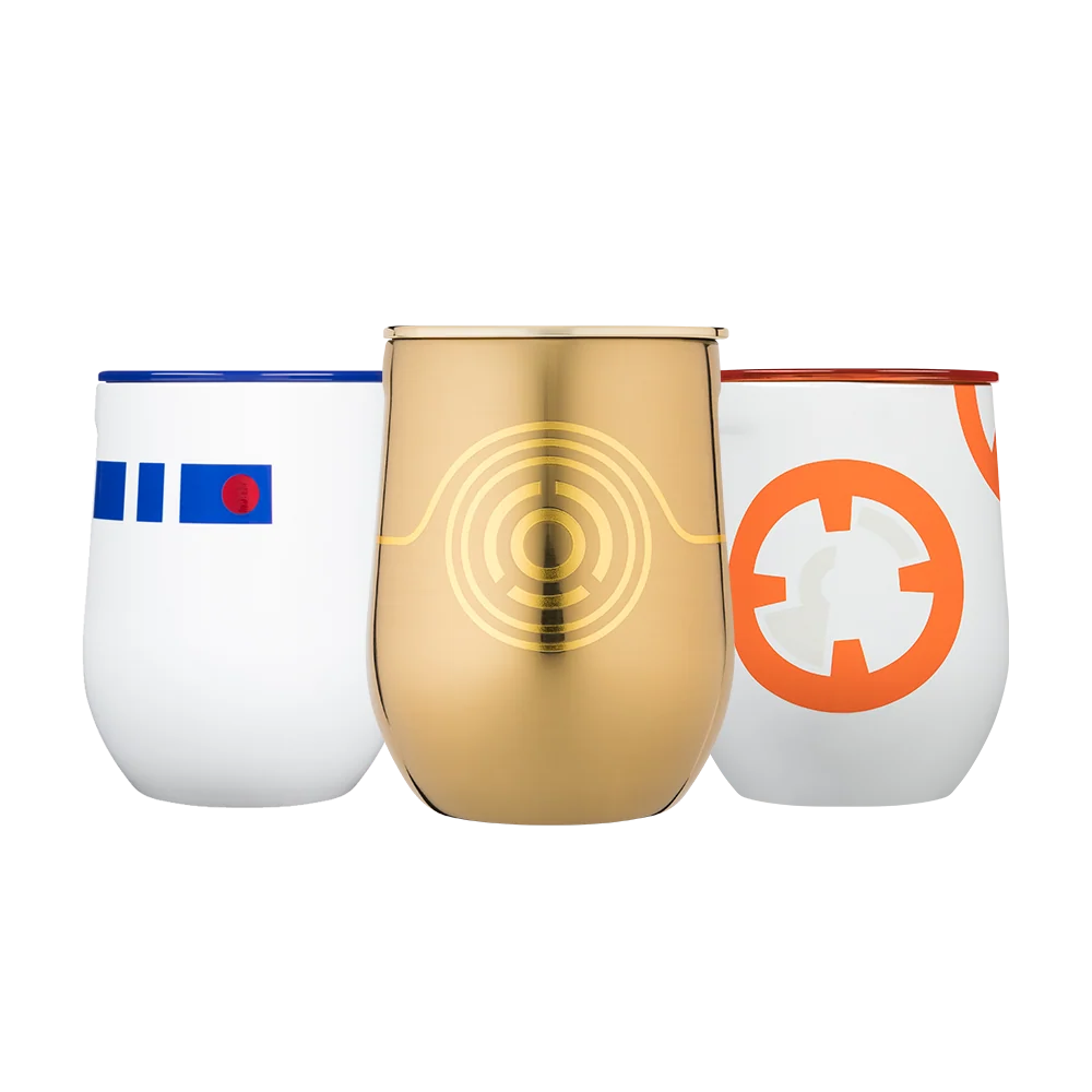 Droid Character Stemless Cup Set, Three 12 oz Stainless Steel Tumblers with Lids and Triple — Stemless Cup Set 12oz / Droids