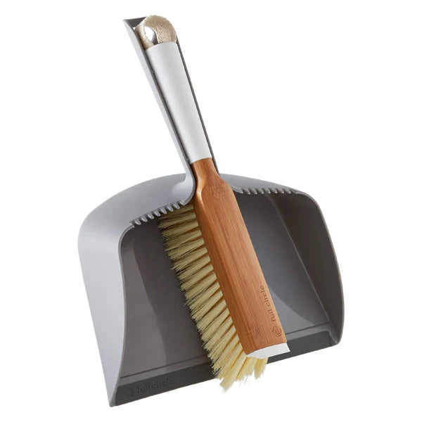 Dustpan and Brush Set with Soft Edge, Built-In Scraper and Comb, Locking Brush, and Easy Storage — Grey