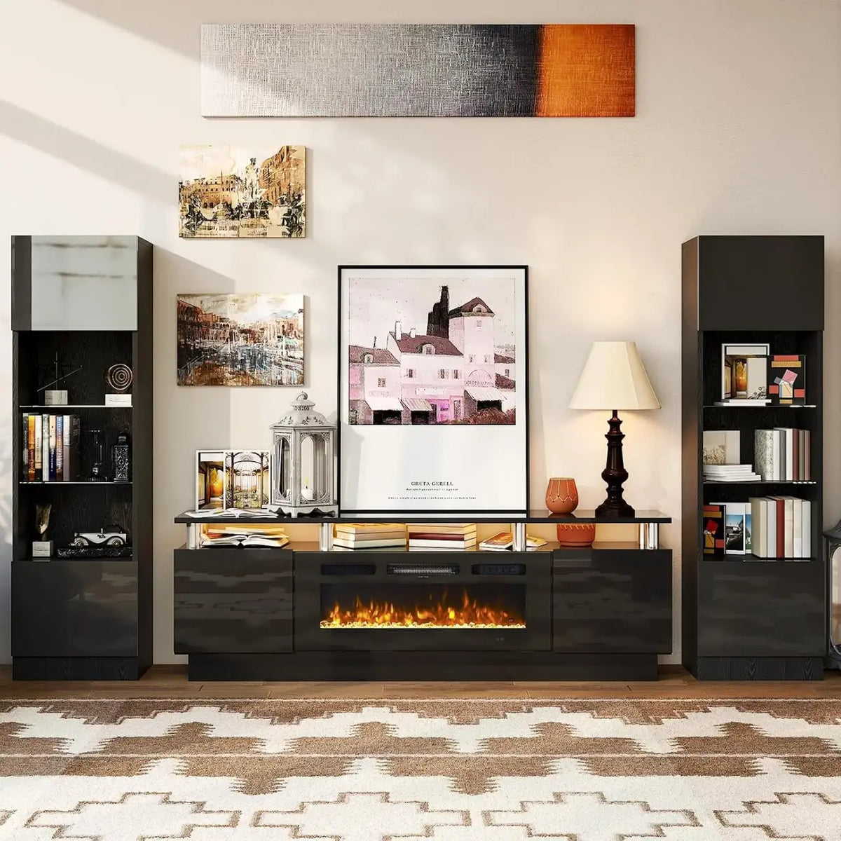 Electric Fireplace TV Stand with Mirrored Cabinet Doors and Storage for a Neatly Arranged Living Room