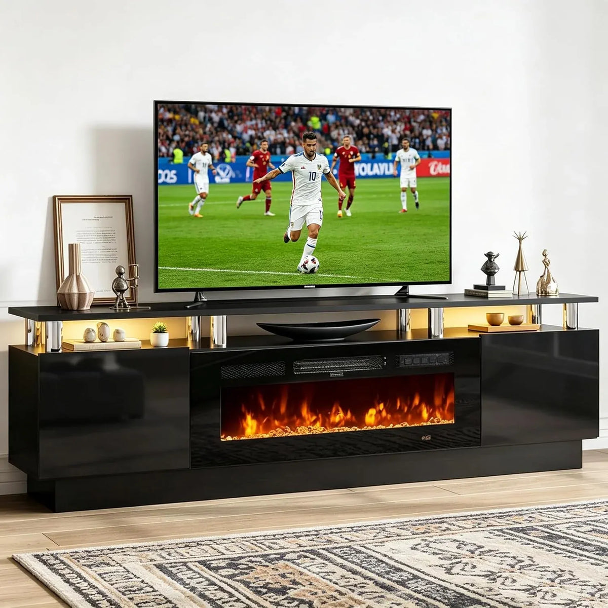 Electric Fireplace TV Stand with Mirrored Cabinet — 70Inch / Black & Black / 80Inch / Black & Black / 90Inch / Black & Black