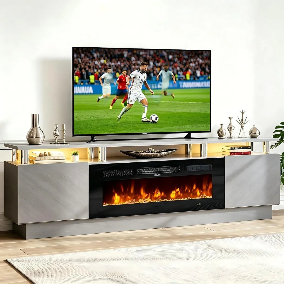 Electric Fireplace TV Stand with Mirrored Cabinet Doo — 70Inch / Gray & Black / 80Inch / Gray & Black / 90Inch / Gray & Black
