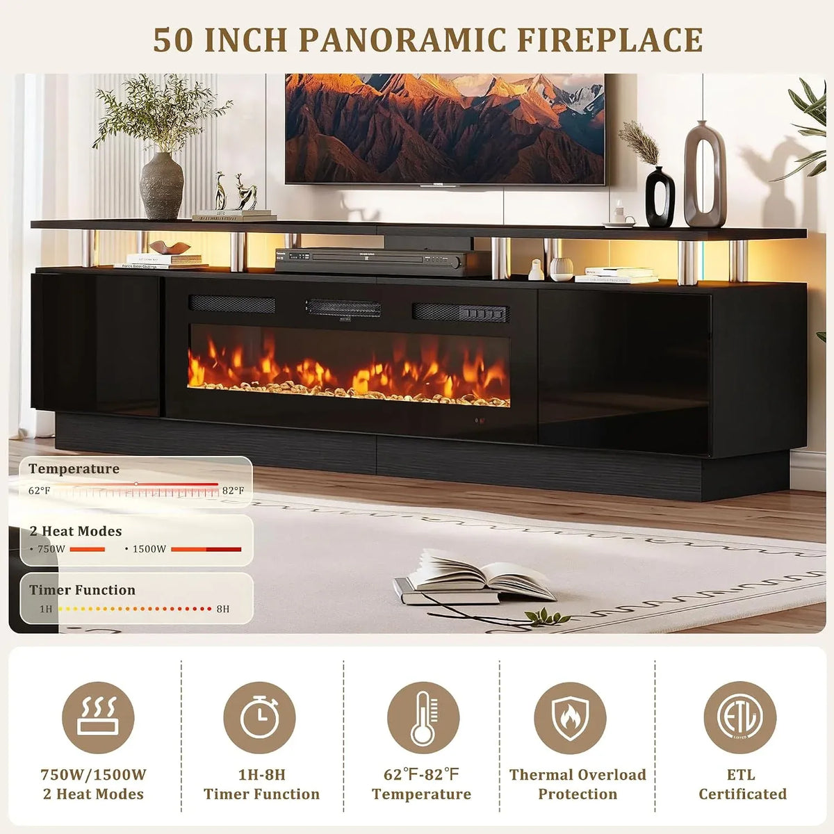 Electric Fireplace TV Stand with Mirrored Cabinet Doors and Storage for a Neatly Arranged Living Room