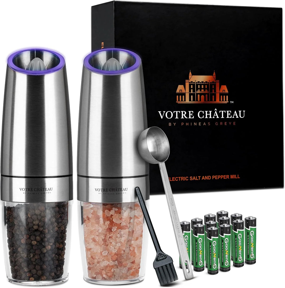 Electric Salt and Pepper Grinder Set, 2-Piece Gravity-Activated Design for Easy One-Handed Seasoning
