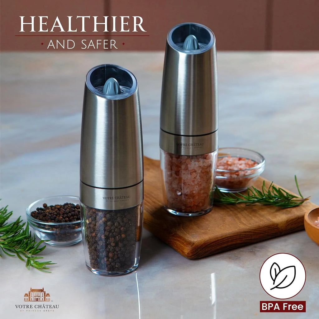 Electric Salt and Pepper Grinder Set, 2-Piece Gravity-Activated Design for Easy One-Handed Seasoning