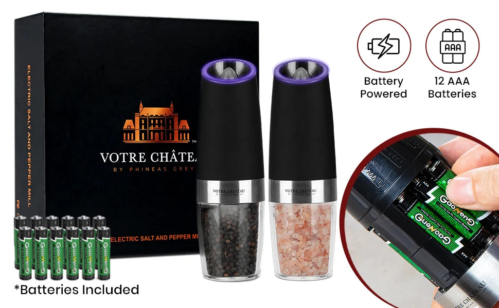 Electric Salt and Pepper Grinder Set, 2-Piece Gravity-Activated Design for Easy One-Handed Seasoning