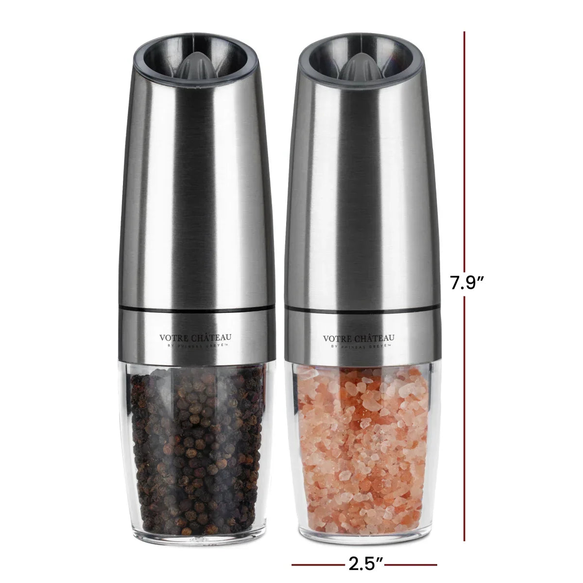 Electric Salt and Pepper Grinder Set, 2-Piece Gravity-Activated Design for Easy One-Handed Seasoning — Silver
